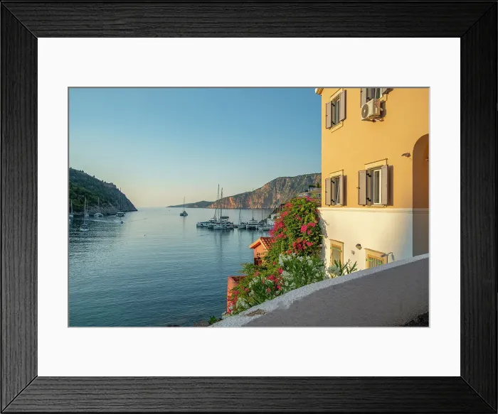 Framed Print : View of harbour in Assos in golden hour, Assos, Kefalonia, Ionian Islands, Greek Islands, Greece, Europe Framed Print : View of harbour in Assos in golden hour, Assos, Kefalonia, Ionian Islands, Greek Islands, Greece, Europe