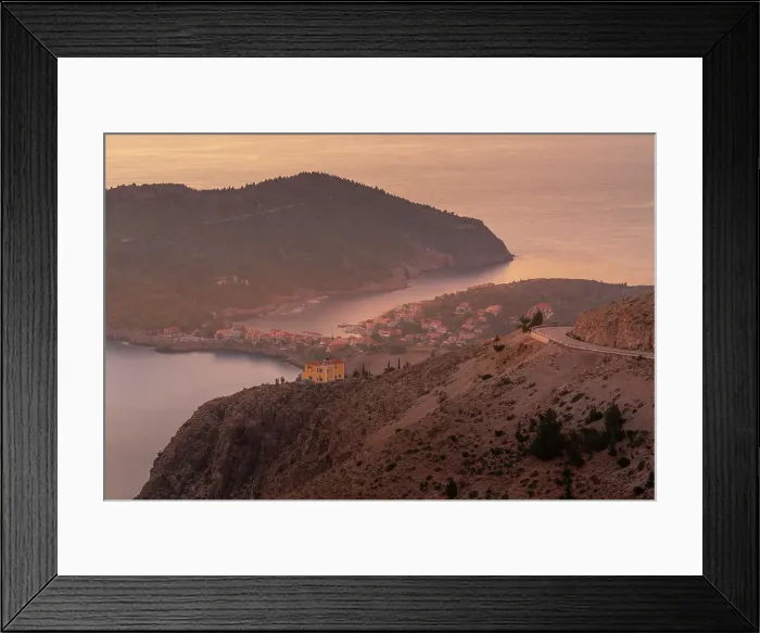 Framed Print : View of Assos, coastline, sea and hills at sunset, Assos, Kefalonia, Ionian Islands, Greek Islands, Greece, Europe Framed Print : View of Assos, coastline, sea and hills at sunset, Assos, Kefalonia, Ionian Islands, Greek Islands, Greece, Europe