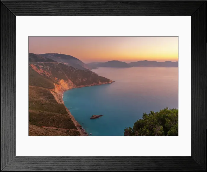 Framed Print : View of coastline, sea and hills near Assos at sunset, Kefalonia, Ionian Islands, Greek Islands, Greece, Europe Framed Print : View of coastline, sea and hills near Assos at sunset, Kefalonia, Ionian Islands, Greek Islands, Greece, Europe