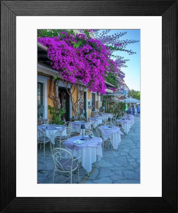 Framed Print : View of restaurant in Fiscardo harbour, Fiscardo, Kefalonia, Ionian Islands, Greek Islands, Greece, Europe Framed Print : View of restaurant in Fiscardo harbour, Fiscardo, Kefalonia, Ionian Islands, Greek Islands, Greece, Europe