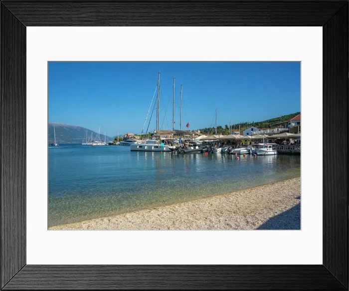 Framed Print : View of beach in Fiscardo harbour, Fiscardo, Kefalonia, Ionian Islands, Greek Islands, Greece, Europe Framed Print : View of beach in Fiscardo harbour, Fiscardo, Kefalonia, Ionian Islands, Greek Islands, Greece, Europe