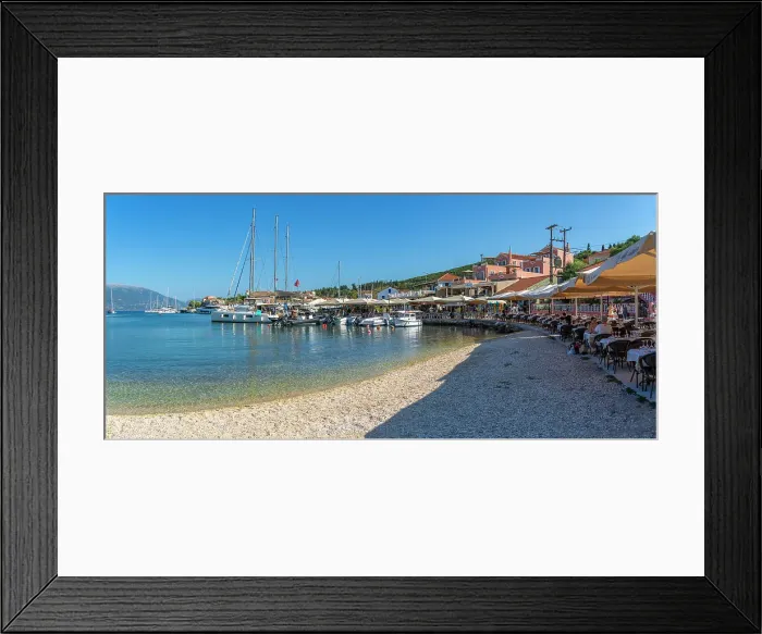 Framed Print : View of cafes and restaurants in Fiscardo harbour, Fiscardo, Kefalonia, Ionian Islands, Greek Islands, Greece, Europe