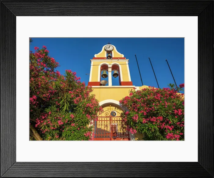 Framed Print : View of church bell tower overlooking Fiscardo harbour, Fiscardo, Kefalonia, Ionian Islands, Greek Islands, Greece, Europe Framed Print : View of church bell tower overlooking Fiscardo harbour, Fiscardo, Kefalonia, Ionian Islands, Greek Islands, Greece, Europe