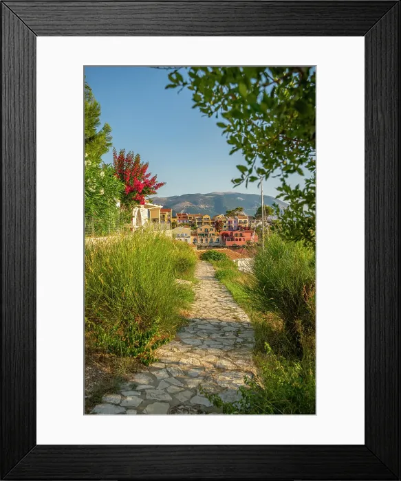 Framed Print : Path leading to harbour and colourful houses in Assos, Assos, Kefalonia, Ionian Islands, Greek Islands, Greece, Europe Framed Print : Path leading to harbour and colourful houses in Assos, Assos, Kefalonia, Ionian Islands, Greek Islands, Greece, Europe