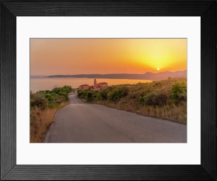 Framed Print : View of Holy Monastery of the Most Holy Theotokos of Sissia near Lourdata at sunset, Kefalonia, Ionian Islands, Greek Islands, Greece, Europe Framed Print : View of Holy Monastery of the Most Holy Theotokos of Sissia near Lourdata at sunset, Kefalonia, Ionian Islands, Greek Islands, Greece, Europe