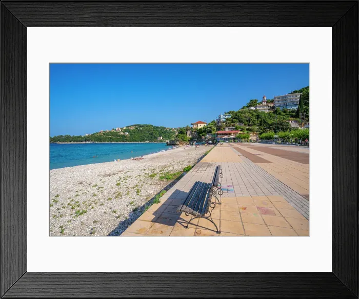 Framed Print : View of beach and promenade in Poros, Poros, Kefalonia, Ionian Islands, Greek Islands, Greece, Europe Framed Print : View of beach and promenade in Poros, Poros, Kefalonia, Ionian Islands, Greek Islands, Greece, Europe