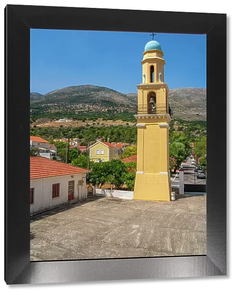 View of Church of Agia Efimia bell tower in Agia Effimia, Kefalonia, Ionian Islands, Greek Islands, Greece, Europe