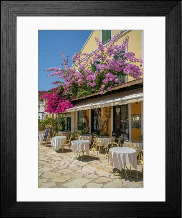 Framed Print : View of restaurant in Fiskardo harbour, Fiskardo, Kefalonia, Ionian Islands, Greek Islands, Greece, Europe Framed Print : View of restaurant in Fiskardo harbour, Fiskardo, Kefalonia, Ionian Islands, Greek Islands, Greece, Europe
