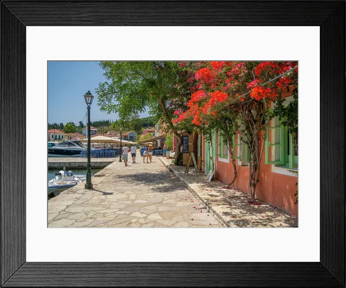 Framed Print : View of restaurants in Fiskardo harbour, Fiskardo, Kefalonia, Ionian Islands, Greek Islands, Greece, Europe Framed Print : View of restaurants in Fiskardo harbour, Fiskardo, Kefalonia, Ionian Islands, Greek Islands, Greece, Europe