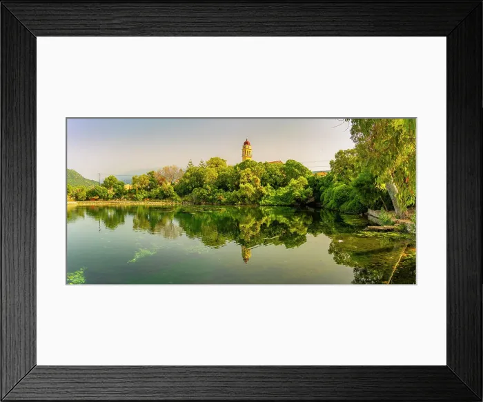 Framed Print : View of church reflecting in Karavomilos Lake in Sami, Sami, Kefalonia, Ionian Islands, Greek Islands, Greece, Europe Framed Print : View of church reflecting in Karavomilos Lake in Sami, Sami, Kefalonia, Ionian Islands, Greek Islands, Greece, Europe