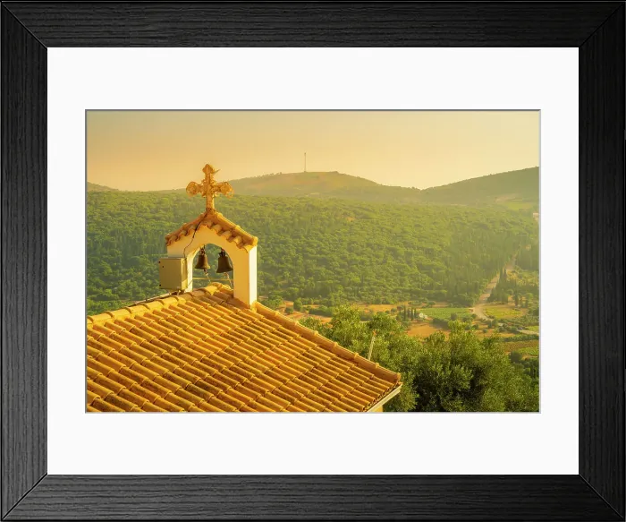 Framed Print : View of church, woodland and vineyards near Poulata, Kefalonia, Ionian Islands, Greek Islands, Greece, Europe Framed Print : View of church, woodland and vineyards near Poulata, Kefalonia, Ionian Islands, Greek Islands, Greece, Europe