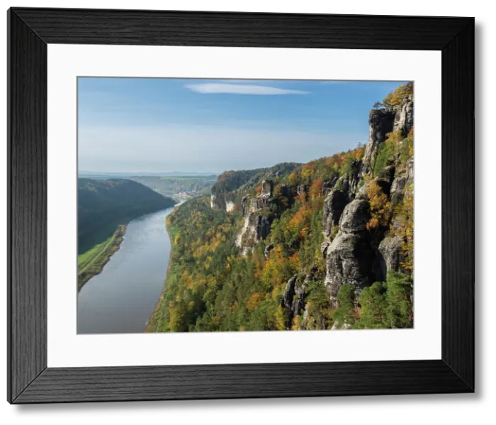 Framed Print : A view of a rocky outcrop with the Elbe River down below in Saxon Switzerland National Park, Saxony, Germany, Europe Framed Print : A view of a rocky outcrop with the Elbe River down below in Saxon Switzerland National Park, Saxony, Germany, Europe