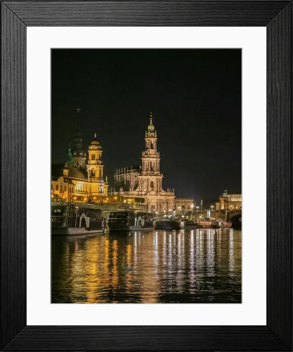 Framed Print : View of modern Dresden by night from across the Elbe River, Saxony, Germany, Europe Framed Print : View of modern Dresden by night from across the Elbe River, Saxony, Germany, Europe