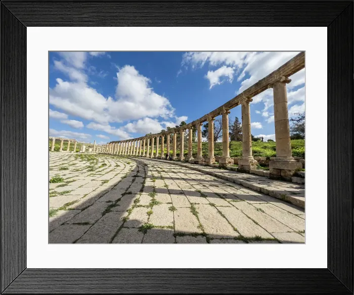 Framed Print : Columns in the Oval Plaza in the ancient city of Jerash, believed to be founded in 331 BC by Alexander the Great, Jerash, Jordan, Middle East Framed Print : Columns in the Oval Plaza in the ancient city of Jerash, believed to be founded in 331 BC by Alexander the Great, Jerash, Jordan, Middle East