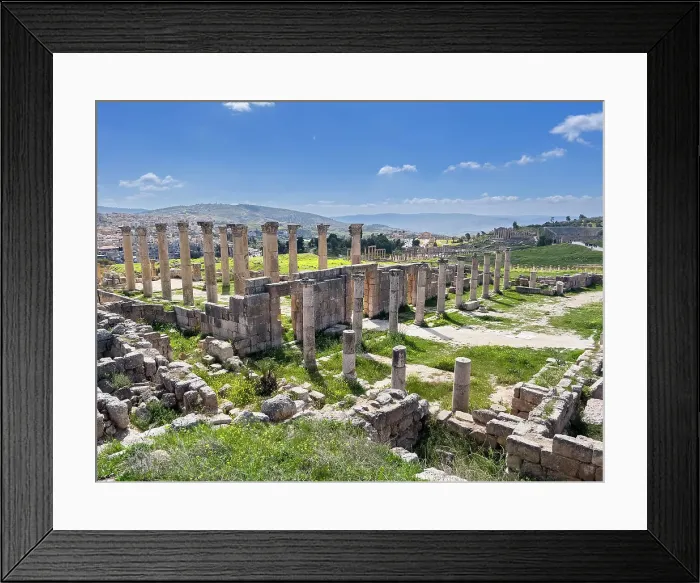 Framed Print : Columns frame a building in the ancient city of Jerash, believed to be founded in 331 BC by Alexander the Great, Jerash, Jordan, Middle East Framed Print : Columns frame a building in the ancient city of Jerash, believed to be founded in 331 BC by Alexander the Great, Jerash, Jordan, Middle East