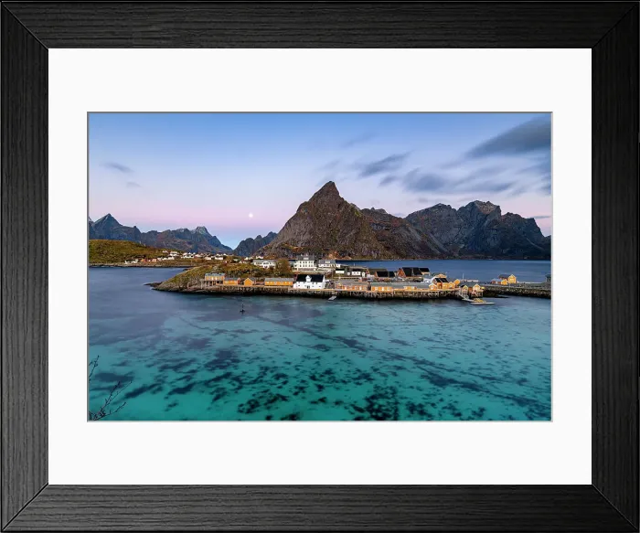 Framed Print : Sunrise over Olstind mountain and fishing village of Sakrisoy overlooking the cold blue sea, Lofoten Islands, Nordland, Norway, Scandinavia, Europe Framed Print : Sunrise over Olstind mountain and fishing village of Sakrisoy overlooking the cold blue sea, Lofoten Islands, Nordland, Norway, Scandinavia, Europe