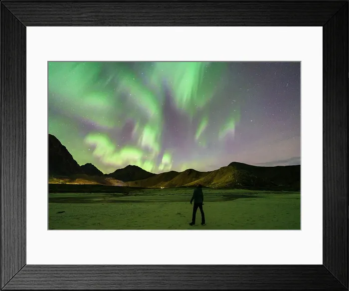 Framed Print : Photographer contemplating the Aurora Borealis (Northern Lights) in the starry sky from Haukland beach, Lofoten Islands, Nordland, Norway, Scandinavia, Europe Framed Print : Photographer contemplating the Aurora Borealis (Northern Lights) in the starry sky from Haukland beach, Lofoten Islands, Nordland, Norway, Scandinavia, Europe