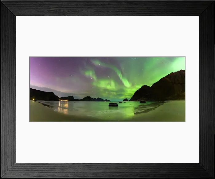 Framed Print : Panoramic of the frozen Haukland beach under a multicolored sky with Aurora Borealis (Northern Lights), Lofoten Islands, Nordland, Norway, Scandinavia, Europe Framed Print : Panoramic of the frozen Haukland beach under a multicolored sky with Aurora Borealis (Northern Lights), Lofoten Islands, Nordland, Norway, Scandinavia, Europe