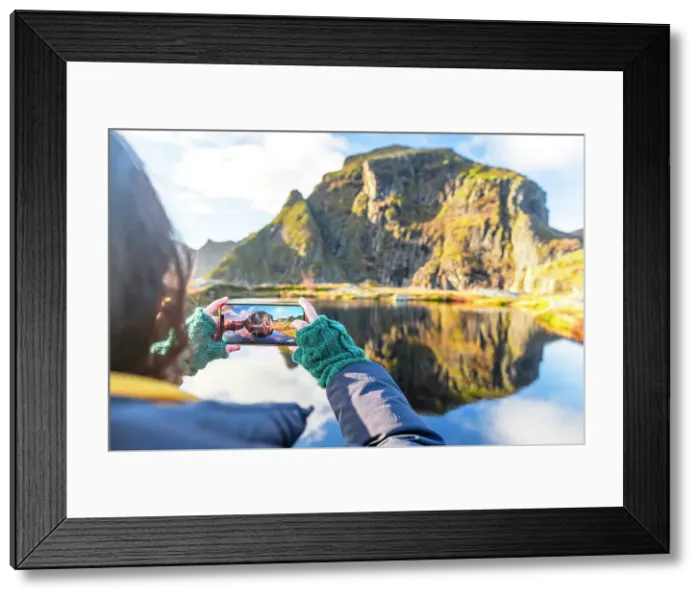 Framed Print : Personal perspective of woman photographing mountains in autumn with smartphone, A i Lofoten, Moskenes, Lofoten Islands, Nordland, Norway, Scandinavia, Europe Framed Print : Personal perspective of woman photographing mountains in autumn with smartphone, A i Lofoten, Moskenes, Lofoten Islands, Nordland, Norway, Scandinavia, Europe