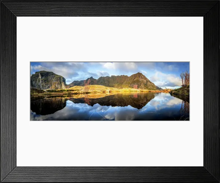 Framed Print : Panoramic of mountains reflected in the calm waters of a fjord at dawn, A i Lofoten, Moskenes, Lofoten Islands, Nordland, Norway, Scandinavia, Europe Framed Print : Panoramic of mountains reflected in the calm waters of a fjord at dawn, A i Lofoten, Moskenes, Lofoten Islands, Nordland, Norway, Scandinavia, Europe