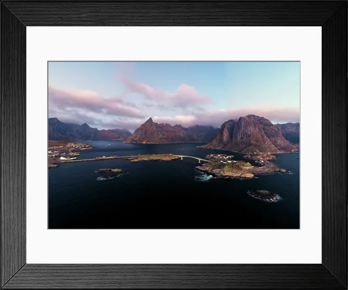 Framed Print : Aerial view of mountains and sea surrounding the fishing village of Hamnoy, Reine, Lofoten Islands, Nordland, Norway, Scandinavia, Europe Framed Print : Aerial view of mountains and sea surrounding the fishing village of Hamnoy, Reine, Lofoten Islands, Nordland, Norway, Scandinavia, Europe