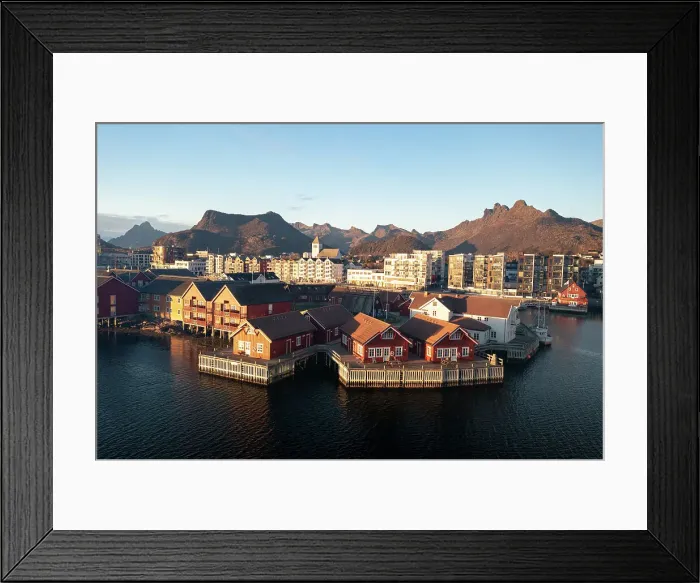 Framed Print : Fishing village and town of Svolvaer at sunrise in autumn, aerial view, Lofoten Islands, Nordland, Norway, Scandinavia, Europe Framed Print : Fishing village and town of Svolvaer at sunrise in autumn, aerial view, Lofoten Islands, Nordland, Norway, Scandinavia, Europe