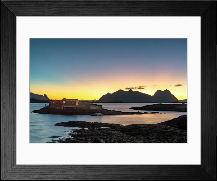 Framed Print : Dramatic sky at dawn over traditional rorbu, Svolvaer, Lofoten Islands, Nordland, Norway, Scandinavia, Europe