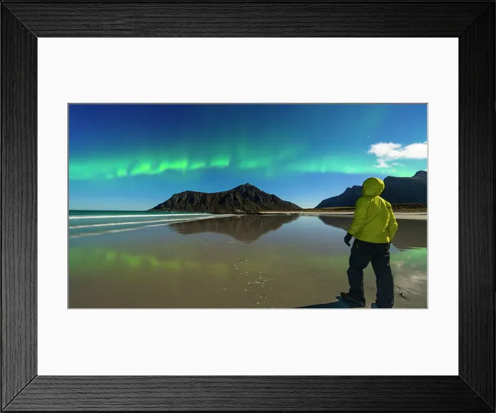 Framed Print : Lone hiker admiring mountains and cold arctic sea under the Aurora Borealis (Northern Lights), Skagsanden beach, Ramberg, Lofoten Islands, Nordland, Norway, Scandinavia, Europe Framed Print : Lone hiker admiring mountains and cold arctic sea under the Aurora Borealis (Northern Lights), Skagsanden beach, Ramberg, Lofoten Islands, Nordland, Norway, Scandinavia, Europe