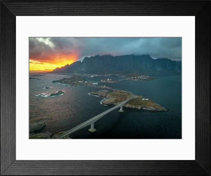 Framed Print : Aerial view of a bridge crossing the fjord under a dramatic sky at sunset, Reine Bay, Lofoten Islands, Nordland, Norway, Scandinavia, Europe Framed Print : Aerial view of a bridge crossing the fjord under a dramatic sky at sunset, Reine Bay, Lofoten Islands, Nordland, Norway, Scandinavia, Europe