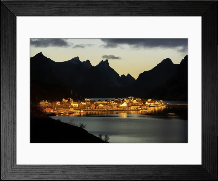 Framed Print : Silhouettes of mountains framing the fairy tale village along the fjord at dawn, Reine Bay, Lofoten Islands, Nordland, Norway, Scandinavia, Europe Framed Print : Silhouettes of mountains framing the fairy tale village along the fjord at dawn, Reine Bay, Lofoten Islands, Nordland, Norway, Scandinavia, Europe