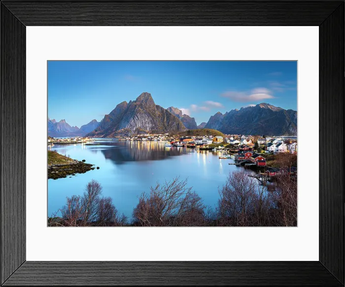 Framed Print : Dusk over majestic Olstind mountain overlooking the iconic harbor of the fishing village of Reine, Lofoten Islands, Nordland, Norway, Scandinavia, Europe Framed Print : Dusk over majestic Olstind mountain overlooking the iconic harbor of the fishing village of Reine, Lofoten Islands, Nordland, Norway, Scandinavia, Europe