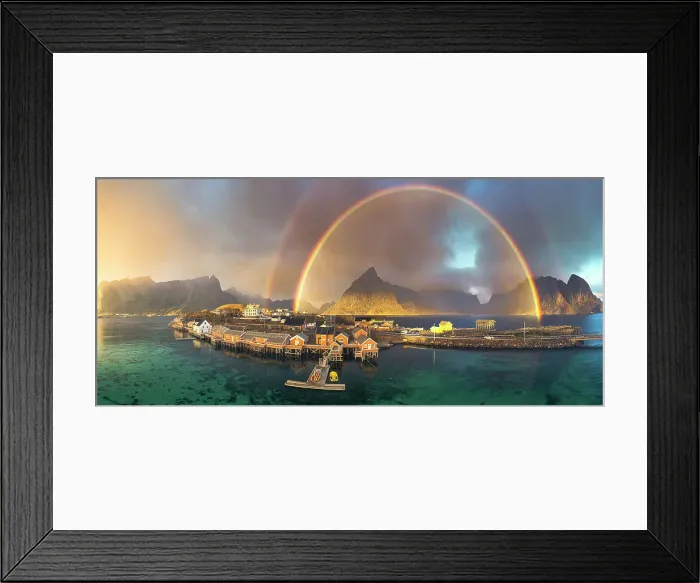 Framed Print : Aerial view of idyllic rainbows over Olstind mountain and fishermen cabins by the sea, Sakrisoy, Reine, Lofoten Islands, Nordland, Norway, Scandinavia, Europe Framed Print : Aerial view of idyllic rainbows over Olstind mountain and fishermen cabins by the sea, Sakrisoy, Reine, Lofoten Islands, Nordland, Norway, Scandinavia, Europe