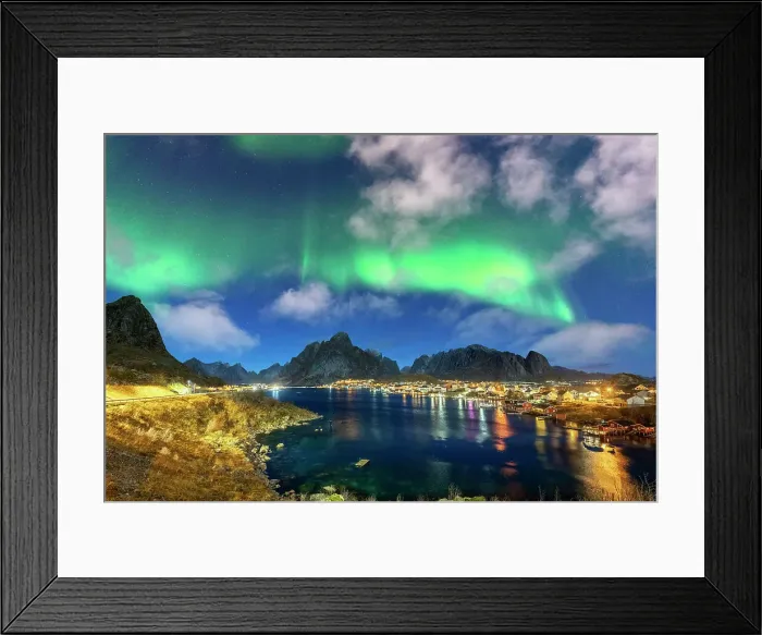 Framed Print : Illuminated harbor of Reine under the bright green lights of the Aurora Borealis (Northern Lights), Lofoten Islands, Nordland, Norway, Scandinavia, Europe Framed Print : Illuminated harbor of Reine under the bright green lights of the Aurora Borealis (Northern Lights), Lofoten Islands, Nordland, Norway, Scandinavia, Europe