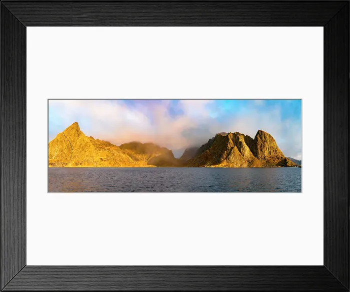 Framed Print : Panoramic of Olstind and Festhelltinden mountains in the mist at dawn, Reine, Lofoten Islands, Nordland, Norway, Scandinavia, Europe Framed Print : Panoramic of Olstind and Festhelltinden mountains in the mist at dawn, Reine, Lofoten Islands, Nordland, Norway, Scandinavia, Europe