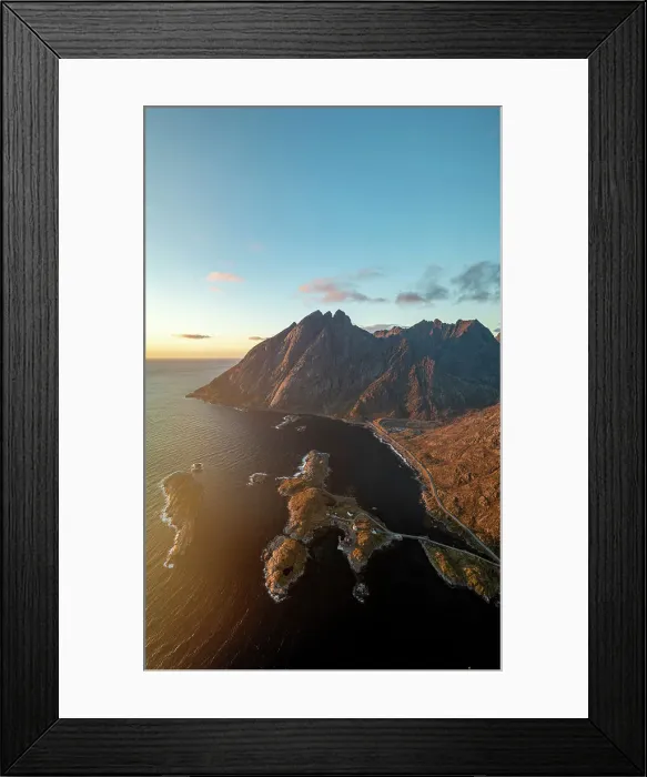 Framed Print : Aerial panoramic view of majestic mountains overlooking the sea at dawn, Moskenesoya, Lofoten Islands, Nordland, Norway, Scandinavia, Europe Framed Print : Aerial panoramic view of majestic mountains overlooking the sea at dawn, Moskenesoya, Lofoten Islands, Nordland, Norway, Scandinavia, Europe