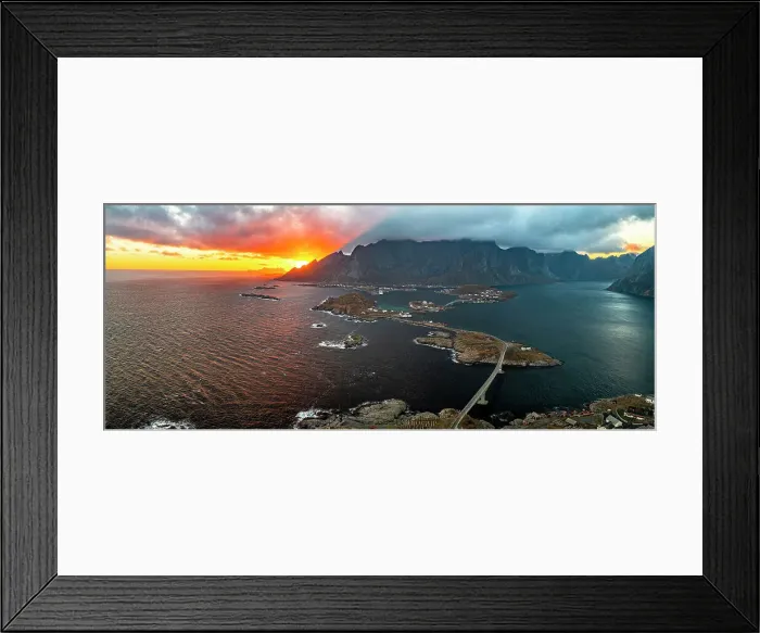Framed Print : Aerial panoramic view of Reine Bay and fjord under a fiery sky at sunset, Lofoten Islands, Nordland, Norway, Scandinavia, Europe Framed Print : Aerial panoramic view of Reine Bay and fjord under a fiery sky at sunset, Lofoten Islands, Nordland, Norway, Scandinavia, Europe