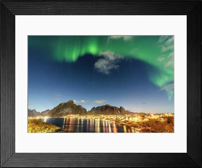 Framed Print : Illuminated harbor of Reine reflected in the cold arctic sea during the Aurora Borealis (Northern Lights), Reine, Lofoten Islands, Nordland, Norway, Scandinavia, Europe Framed Print : Illuminated harbor of Reine reflected in the cold arctic sea during the Aurora Borealis (Northern Lights), Reine, Lofoten Islands, Nordland, Norway, Scandinavia, Europe