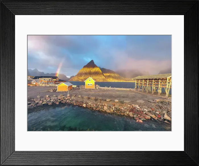 Framed Print : Aerial panoramic view of traditional rorbu and Olstind peak under the rainbow, Sakrisoy, Reine, Lofoten Islands, Nordland, Norway, Scandinavia, Europe Framed Print : Aerial panoramic view of traditional rorbu and Olstind peak under the rainbow, Sakrisoy, Reine, Lofoten Islands, Nordland, Norway, Scandinavia, Europe