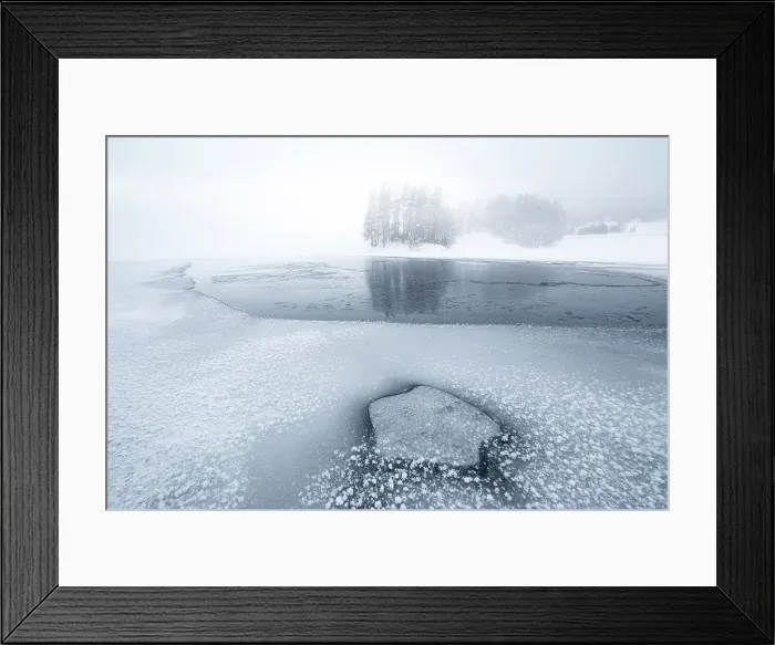 Framed Print : Foggy sky over the frozen Lake Champfer in winter, Engadine, Canton of Graubunden, Switzerland, Europe