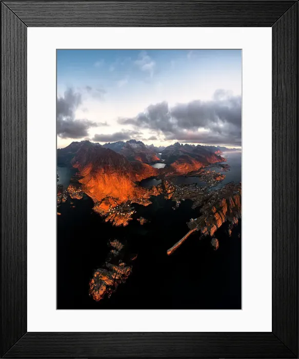 Framed Print : Aerial panoramic view of the coastal village of Tind framed by mountains at sunset, Lofoten Islands, Nordland, Norway, Scandinavia, Europe Framed Print : Aerial panoramic view of the coastal village of Tind framed by mountains at sunset, Lofoten Islands, Nordland, Norway, Scandinavia, Europe