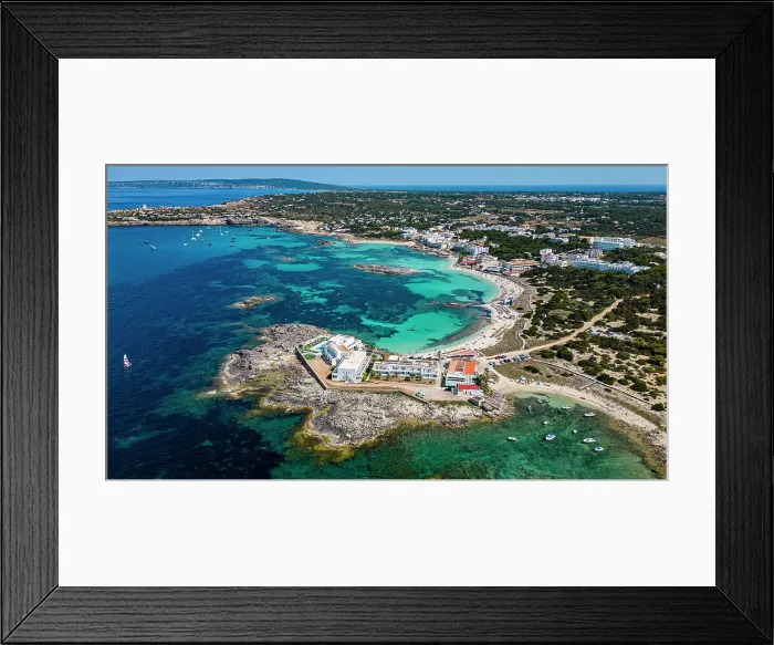 Framed Print : Aerial of the turquoise waters and white sand beach of the Pujols beach, Formentera, Balearic Islands, Spain, Mediterranean, Europe Framed Print : Aerial of the turquoise waters and white sand beach of the Pujols beach, Formentera, Balearic Islands, Spain, Mediterranean, Europe