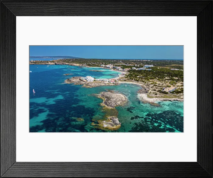 Framed Print : Aerial of the turquoise waters and white sand beach of the Pujols beach, Formentera, Balearic Islands, Spain, Mediterranean, Europe Framed Print : Aerial of the turquoise waters and white sand beach of the Pujols beach, Formentera, Balearic Islands, Spain, Mediterranean, Europe