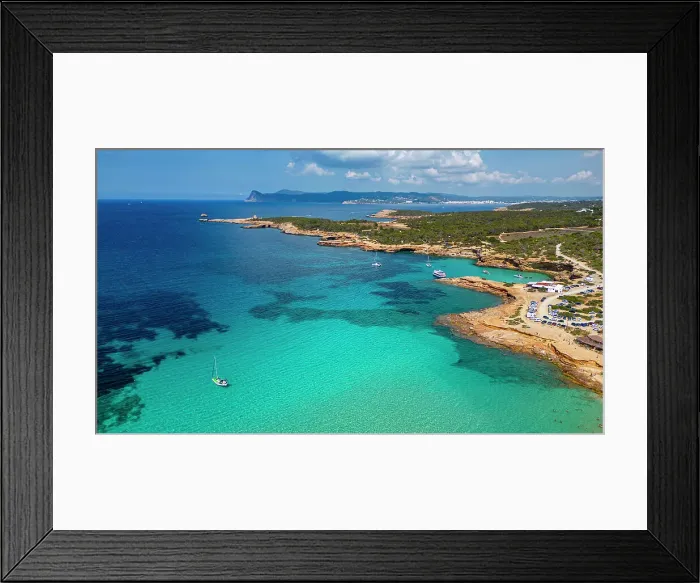 Framed Print : Aerial of Comte beach with its turquoise waters, Ibiza, Balearic Islands, Spain, Mediterranean, Europe Framed Print : Aerial of Comte beach with its turquoise waters, Ibiza, Balearic Islands, Spain, Mediterranean, Europe