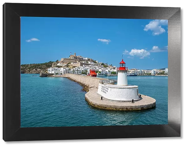 Harbour lighthouse and the old town of Ibiza with its castle seen from the harbor, UNESCO World Heritage Site, Ibiza, Balearic Islands, Spain, Mediterranean, Europe