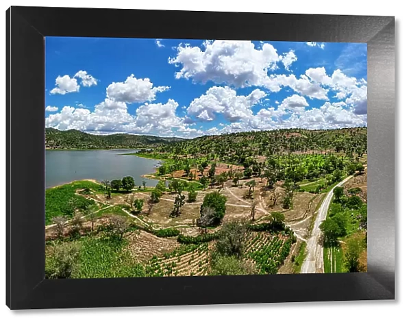 Aerial of the artificial lake near Zahoura, Northern Cameroon, Africa