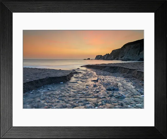 Framed Print : A stream cuts across sand as it reaches the sea, at dusk, in Ayrmer Cove, a remote cove near Kingsbridge, south coast of Devon, England, United Kingdom, Europe Framed Print : A stream cuts across sand as it reaches the sea, at dusk, in Ayrmer Cove, a remote cove near Kingsbridge, south coast of Devon, England, United Kingdom, Europe