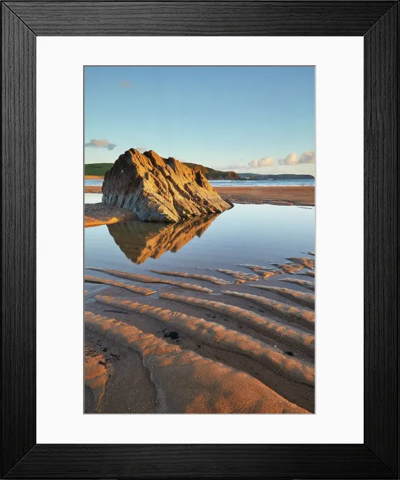 Framed Print : A rock pool and rippled sand, on the beach at low tide, at Bigbury-on-Sea, south coast of Devon, England, United Kingdom, Europe Framed Print : A rock pool and rippled sand, on the beach at low tide, at Bigbury-on-Sea, south coast of Devon, England, United Kingdom, Europe