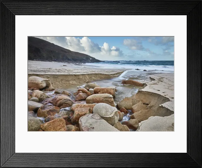 Framed Print : A stream cuts through sand and rocks as it makes its final dash to the sea, Portheras Cove, a remote cove on the Atlantic Coast, near Pendeen, in the far west of Cornwall, England, United Kingdom, Europe Framed Print : A stream cuts through sand and rocks as it makes its final dash to the sea, Portheras Cove, a remote cove on the Atlantic Coast, near Pendeen, in the far west of Cornwall, England, United Kingdom, Europe