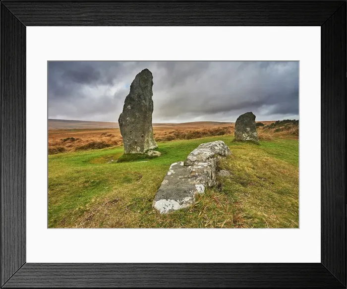 Framed Print : Scorhill Stone Circle, ancient stones in a prehistoric stone circle, on open moorland, Scorhill Down, near Chagford, Dartmoor National Park, Devon, England, United Kingdom, Europe Framed Print : Scorhill Stone Circle, ancient stones in a prehistoric stone circle, on open moorland, Scorhill Down, near Chagford, Dartmoor National Park, Devon, England, United Kingdom, Europe