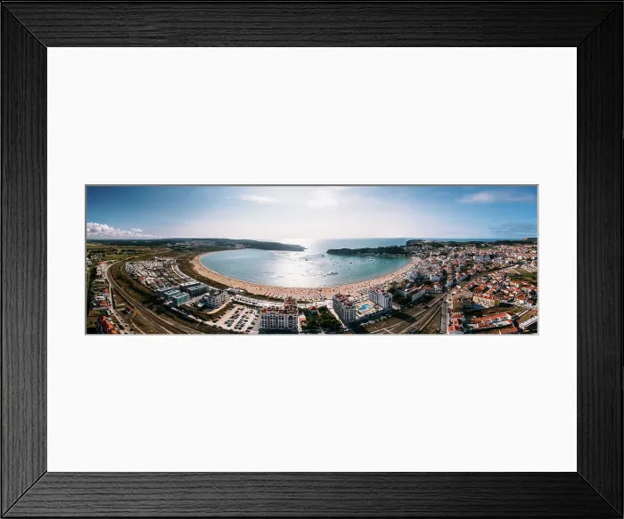 Framed Print : Aerial drone panoramic view of Sao Martinho do Porto bay, shaped like a scallop with calm waters and fine white sand, Oeste, Portugal, Europe Framed Print : Aerial drone panoramic view of Sao Martinho do Porto bay, shaped like a scallop with calm waters and fine white sand, Oeste, Portugal, Europe